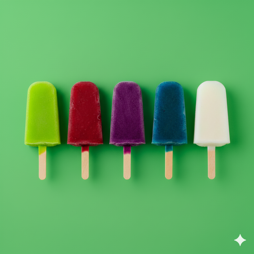 Mini paletas de hielo (coco, limón, grosella, uva, chicle)